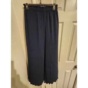 Kendall & Kylie Navy Blue Plisse Wide Leg Pants Elastic Waist Lettuce Hem Boho M